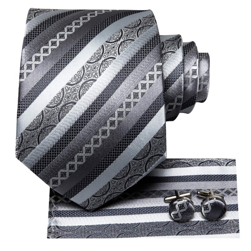 Hi-Tie Silk Ties for Men Plaid Paisley Striped Necktie Pocket Square Cufflinks Set Formal Business,Gray Silver - Image 2
